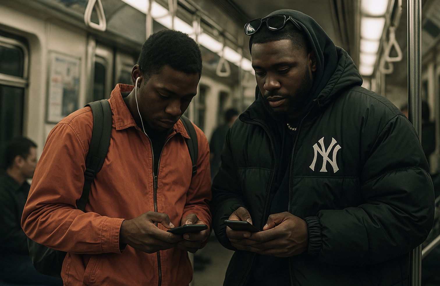 two men pressing phone